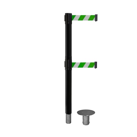 Montour Line Stanchion Dual Belt Bar.Removable Base Black Post 11ft.Grn/Wh Belt P400DR-BK-GWD-110